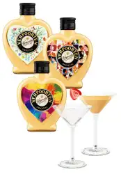 Artikelbild des Artikels “Bundle mit drei 0,2 L Herzflaschen VERPOORTEN ORIGINAL Eierlikör 20 %vol und 2 Cocktailschalen “