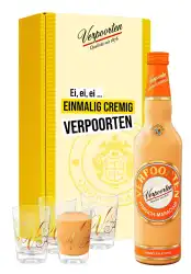 Artikelbild des Artikels “Geschenkset bestehend aus einer 0,7 L Flasche VERPOORTEN PFIRSICH-MARACUJA Eierlikör 17 %vol und 4 VERPOORTEN Designgläsern “