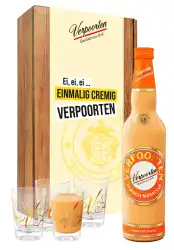Artikelbild des Artikels “Geschenkset mit einer 0,7 L Flasche VERPOORTEN PFIRSICH-MARACUJA Eierlikör 17 %vol und 4 VERPOORTEN Designgläsern “