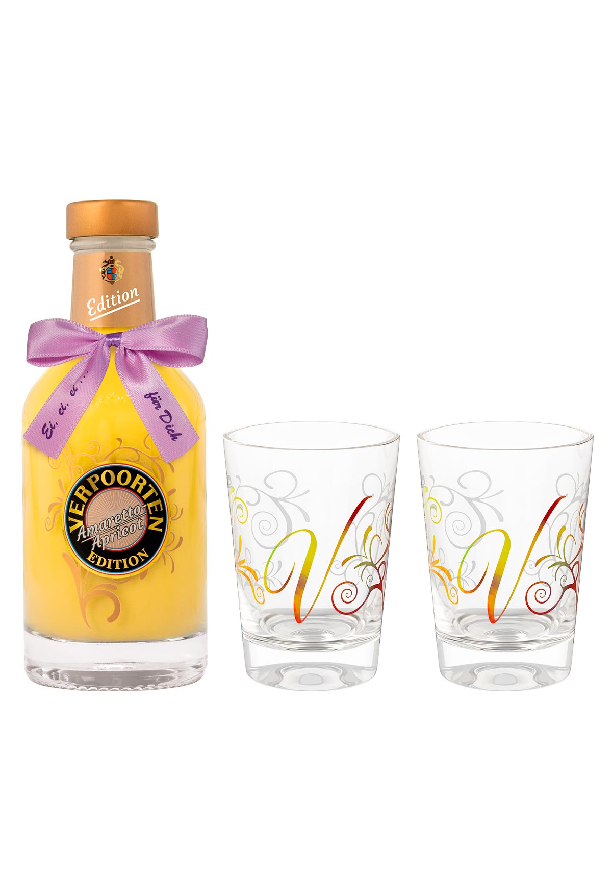  Artikelbild 1 des Artikels “Bundle mit 0,2 L VERPOORTEN AMARETTO APRICOT Eierlikör 17 %vol und 2 VERPOORTEN Designgläser “