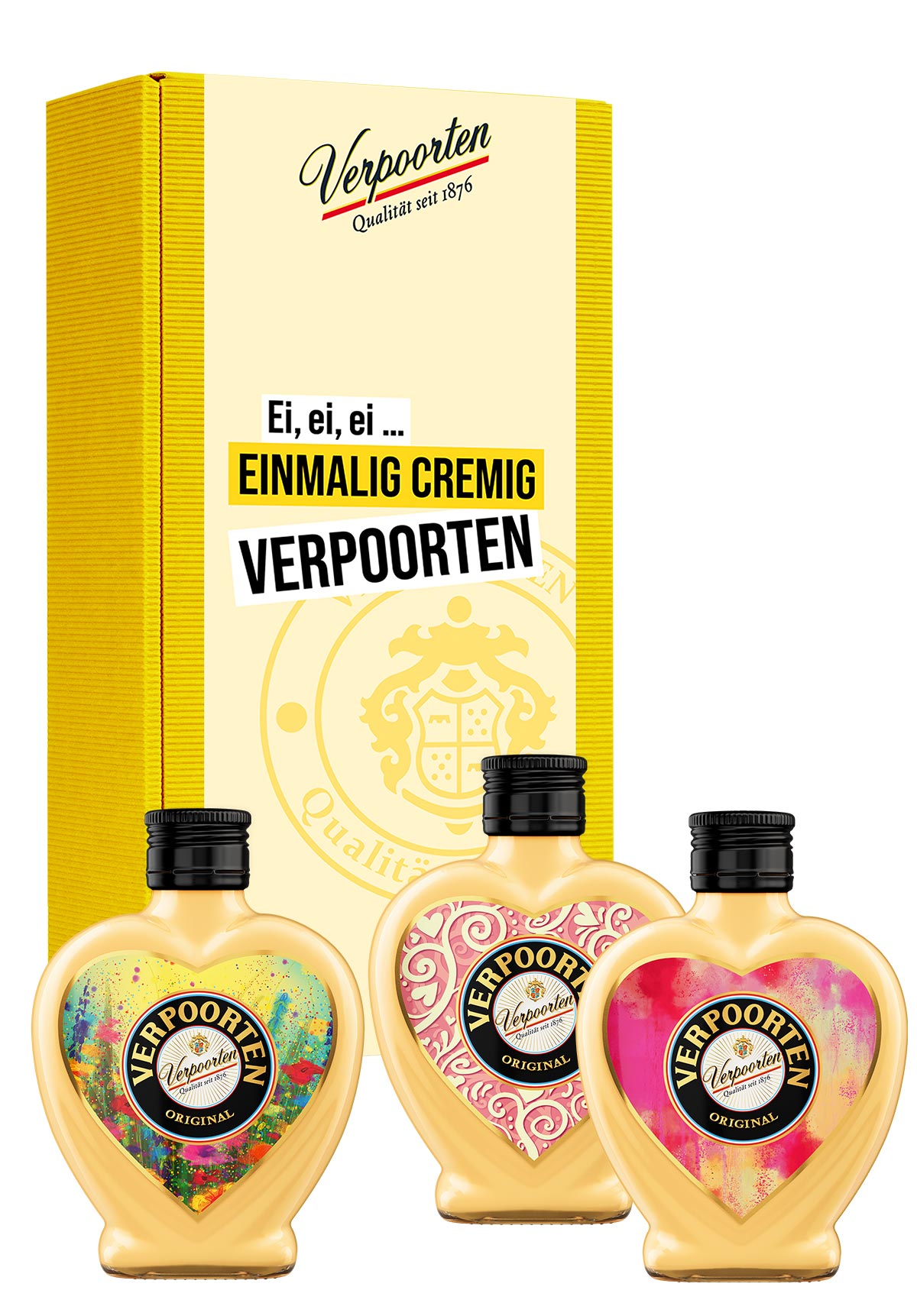  Artikelbild 1 des Artikels “Geschenkset mit unseren 0,2 L Herzflaschen VERPOORTEN ORIGINAL Eierlikör 20 %vol in den Motiven Flower, Style und Sun “