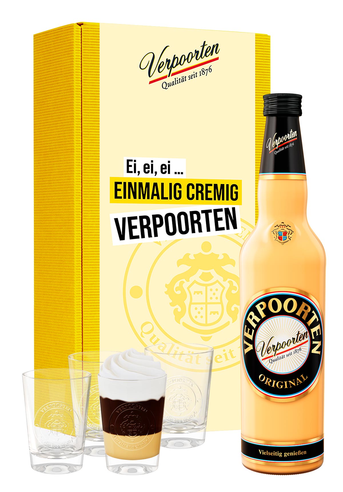  Artikelbild 1 des Artikels “Geschenkset mit  0,7 L VERPOORTEN ORIGINAL Eierlikör 20 %vol und 4 ''Wappen''-Gläser “