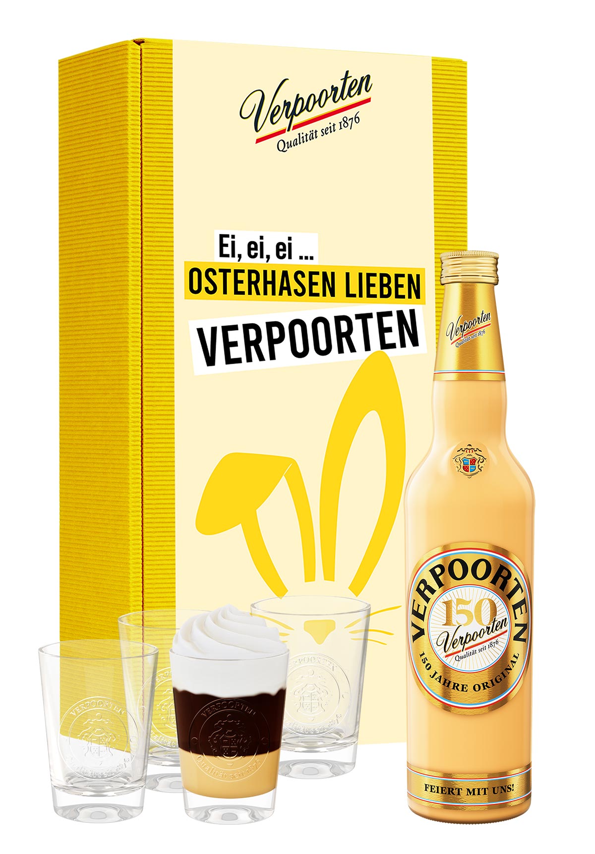  Artikelbild 1 des Artikels “Geschenkset mit  0,7 L VERPOORTEN ORIGINAL Eierlikör 20 %vol und 4 ''Wappen''-Gläser “