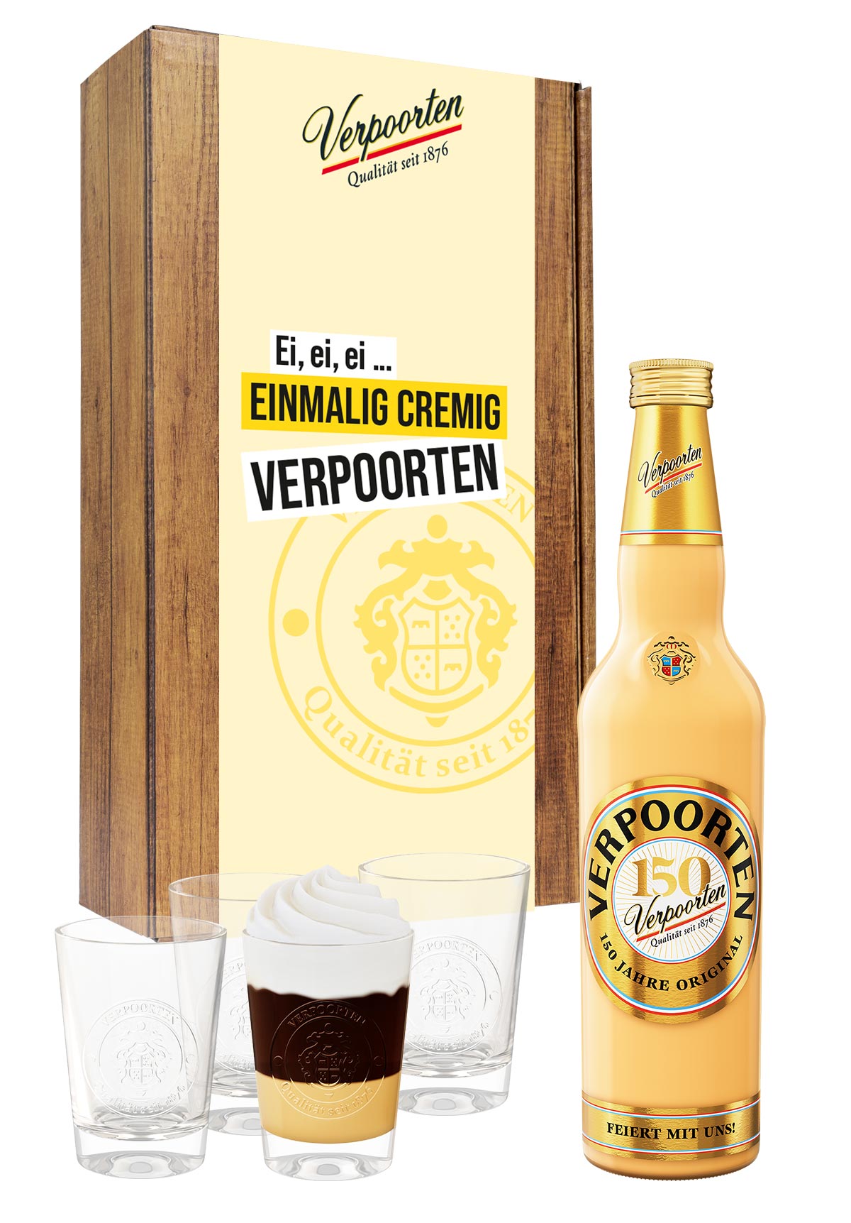  Artikelbild 1 des Artikels “Geschenkset mit  0,7 L VERPOORTEN ORIGINAL Eierlikör 20 %vol und 4 ''Wappen''-Gläser “