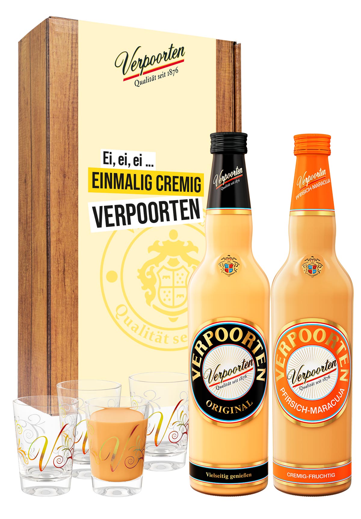  Artikelbild 1 des Artikels “Geschenkset mit 0,7 L VERPOORTEN ORIGINAL Eierlikör 20 %vol & 0,7 L VERPOORTEN PFIRSICH-MARACUJA Eierlikör 17 %vol + 4 VERPOORTEN Designgläsern “