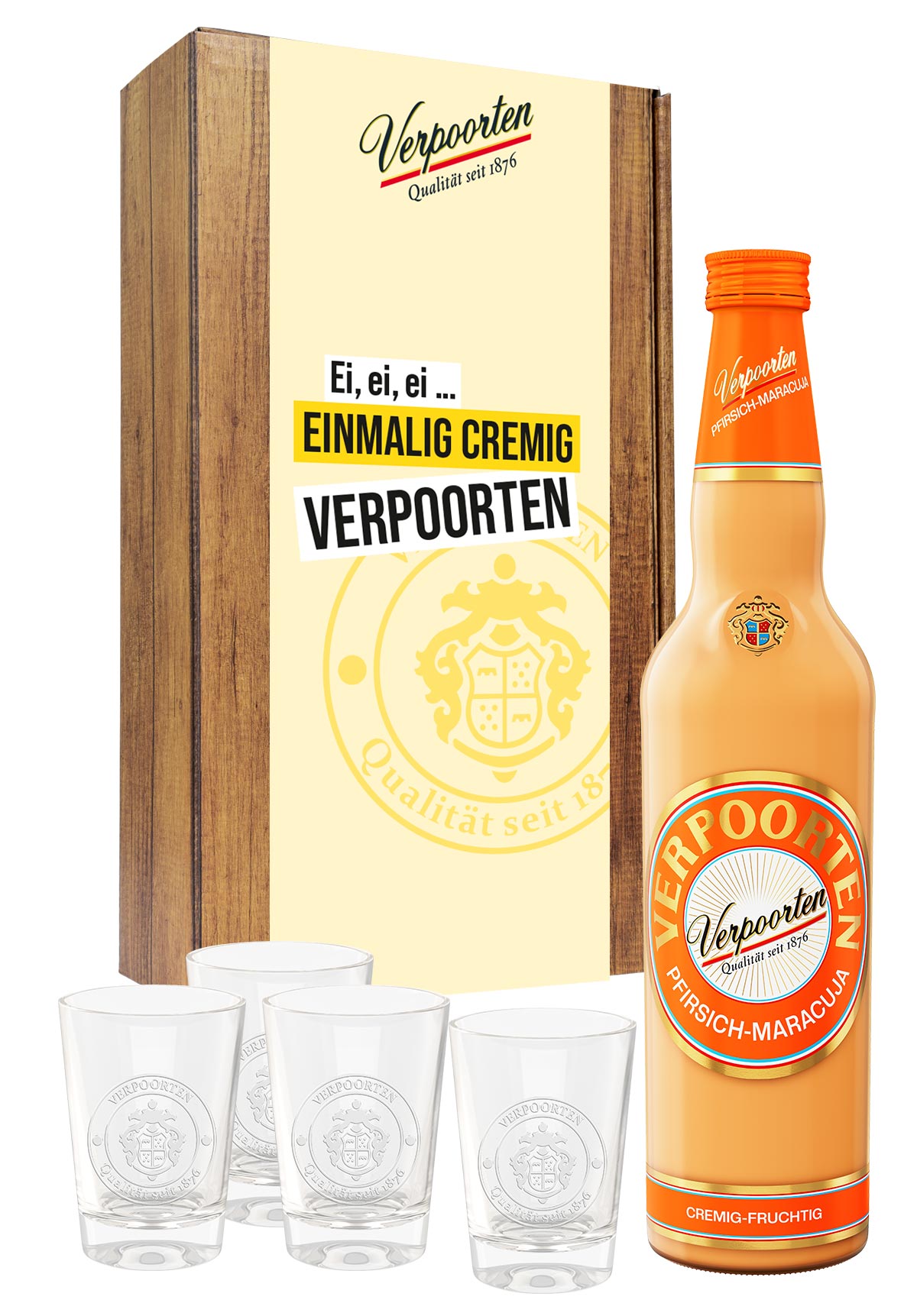  Artikelbild 1 des Artikels “Geschenkset mit einer 0,7 L Flasche VERPOORTEN PFIRSICH-MARACUJA Eierlikör 17 %vol und 4 VERPOORTEN 