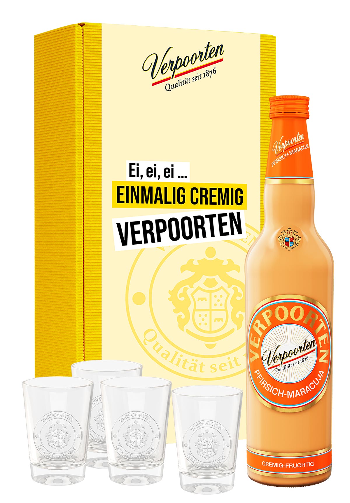  Artikelbild 1 des Artikels “Geschenkset mit einer 0,7 L Flasche VERPOORTEN PFIRSICH-MARACUJA Eierlikör 17 %vol und 4 VERPOORTEN 