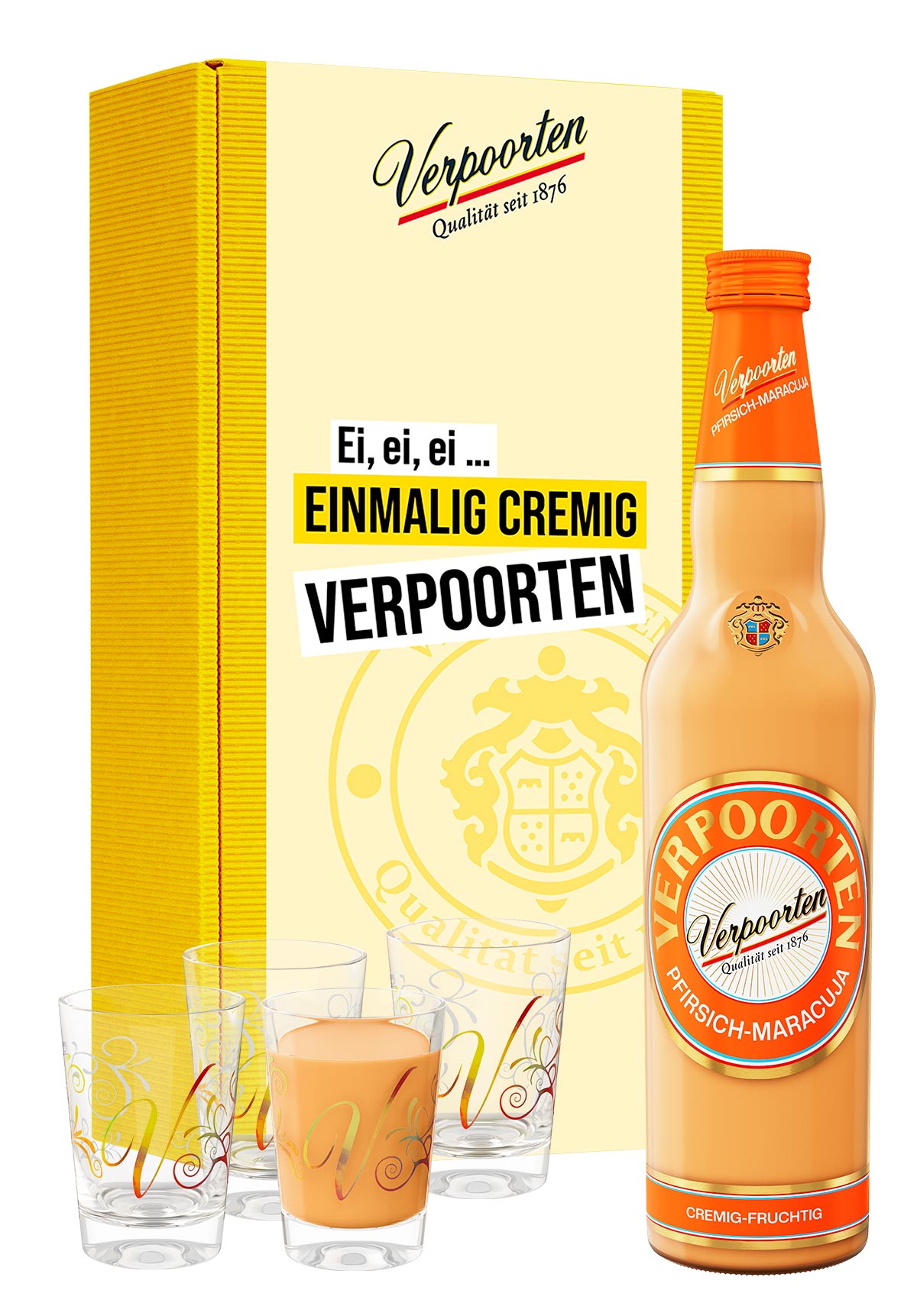  Artikelbild 1 des Artikels “Geschenkset bestehend aus einer 0,7 L Flasche VERPOORTEN PFIRSICH-MARACUJA Eierlikör 17 %vol und 4 VERPOORTEN Designgläsern “