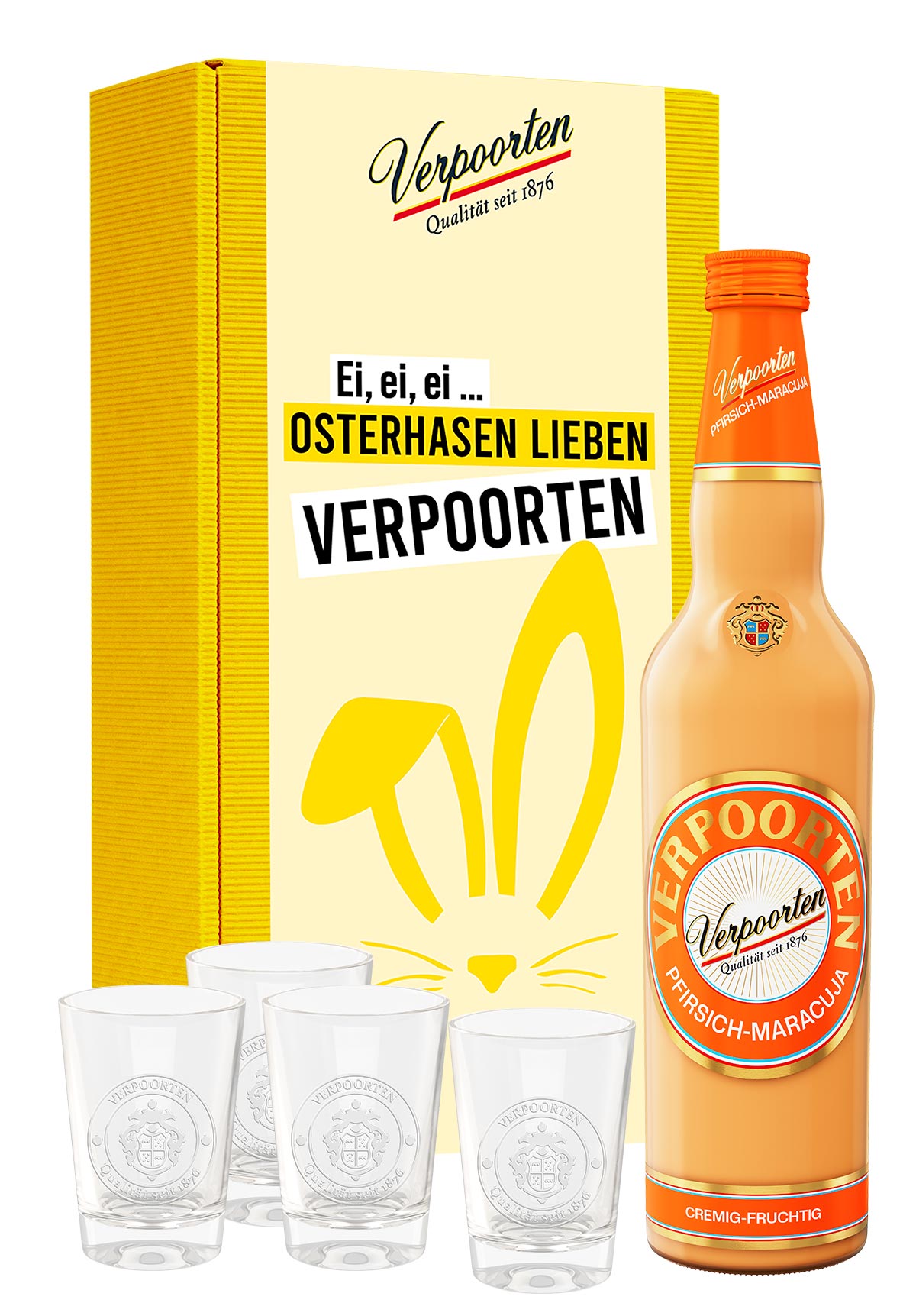  Artikelbild 1 des Artikels “Geschenkset mit einer 0,7 L Flasche VERPOORTEN PFIRSICH-MARACUJA Eierlikör 17 %vol und 4 VERPOORTEN 