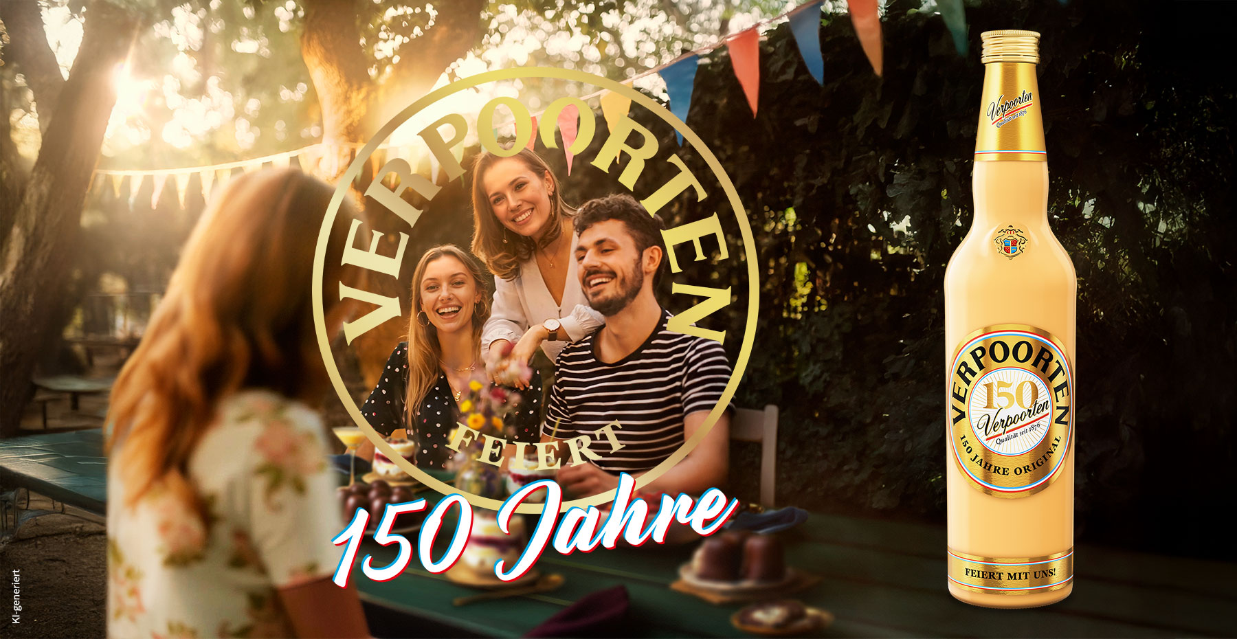 Fotorealistisches, von einer KI generiertes Bild: 150 Jahre Verpoorten Jubiläum - Vier Personen sitzen gesellig im Garten